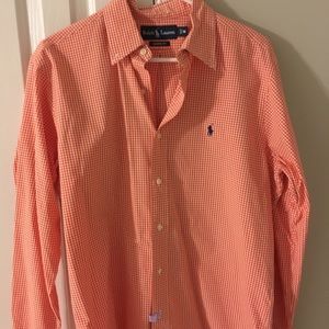 Polo dress shirt M. Orange and white plaid.